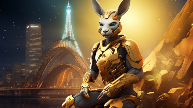Image of Gold Robot Kangaroo and Eiffel Tower for AI Crypto