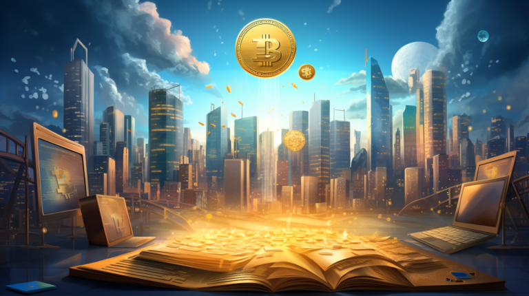Studying cryptocurrency and bitcoin overlooking city in 2023